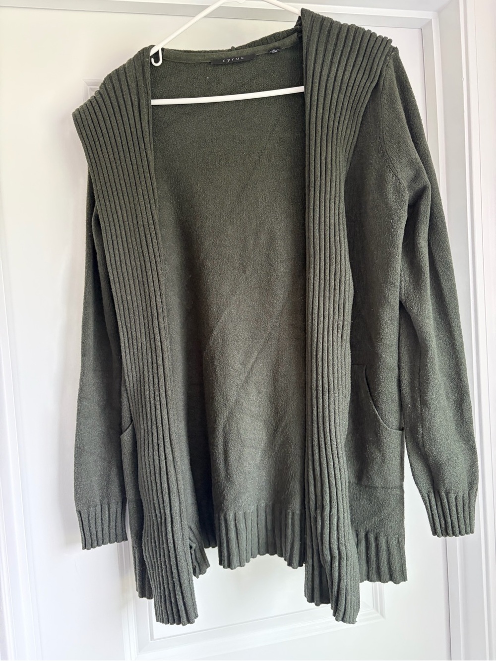 Cyrus Olive Ribbed Trim Hooded Open-Front Cardigan